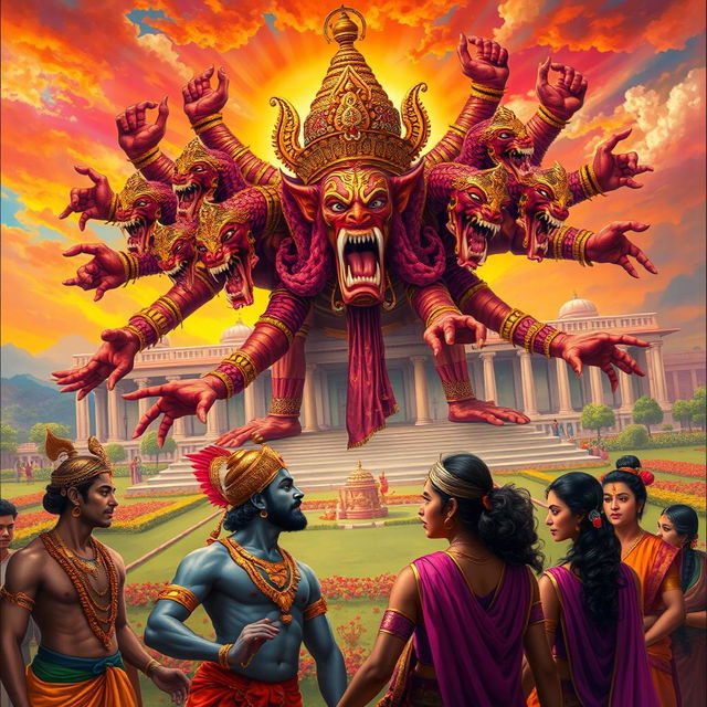 A scene capturing the dramatic moment of Ravana's deception from Hindu mythology, with vivid colors and intricate details