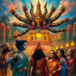 A scene capturing the dramatic moment of Ravana's deception from Hindu mythology, with vivid colors and intricate details