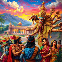 A scene capturing the dramatic moment of Ravana's deception from Hindu mythology, with vivid colors and intricate details