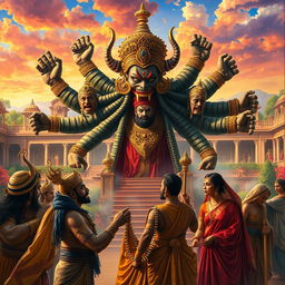 A scene capturing the dramatic moment of Ravana's deception from Hindu mythology, with vivid colors and intricate details