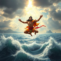 A majestic depiction of Hanuman, the Hindu deity, leaping across a vast ocean