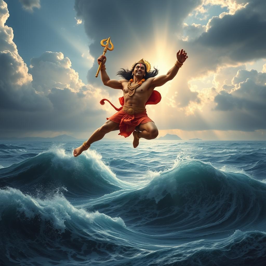 A majestic depiction of Hanuman, the Hindu deity, leaping across a vast ocean