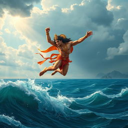 A majestic depiction of Hanuman, the Hindu deity, leaping across a vast ocean