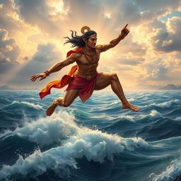 A majestic depiction of Hanuman, the Hindu deity, leaping across a vast ocean