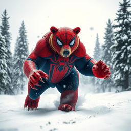 A striking scene of a hybrid bear featuring Spider-Man’s iconic webbed designs all over its fur, exuding a vibrant blend of red and blue colors