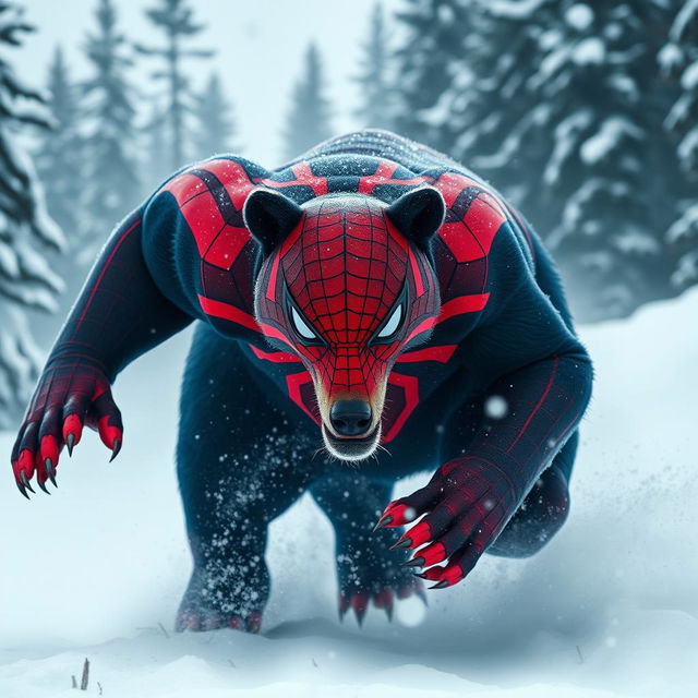 A striking scene of a hybrid bear featuring Spider-Man’s iconic webbed designs all over its fur, exuding a vibrant blend of red and blue colors