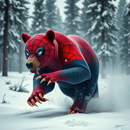 A striking scene of a hybrid bear featuring Spider-Man’s iconic webbed designs all over its fur, exuding a vibrant blend of red and blue colors