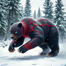 A striking scene of a hybrid bear featuring Spider-Man’s iconic webbed designs all over its fur, exuding a vibrant blend of red and blue colors