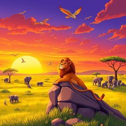 A vibrant, colorful illustration inspired by The Lion King's art style, depicting a wide African savannah landscape with lush green grass and acacia trees under a golden sunset