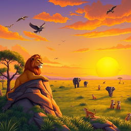 A vibrant, colorful illustration inspired by The Lion King's art style, depicting a wide African savannah landscape with lush green grass and acacia trees under a golden sunset