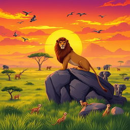 A vibrant, colorful illustration inspired by The Lion King's art style, depicting a wide African savannah landscape with lush green grass and acacia trees under a golden sunset