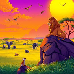 A vibrant, colorful illustration inspired by The Lion King's art style, depicting a wide African savannah landscape with lush green grass and acacia trees under a golden sunset