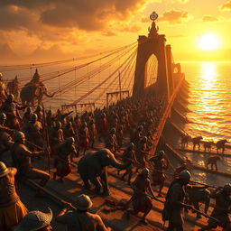 A grand historical scene depicting Rama's army working together to build a massive bridge across the ocean