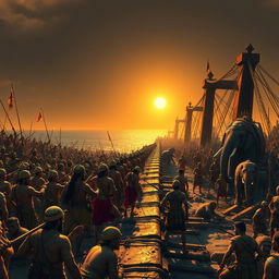 A grand historical scene depicting Rama's army working together to build a massive bridge across the ocean