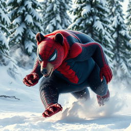 A captivating scene of a hybrid bear adorned with Spider-Man’s vibrant webbed designs, showcasing a stunning mix of red and blue fur
