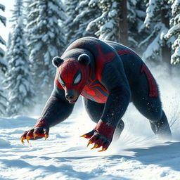 A captivating scene of a hybrid bear adorned with Spider-Man’s vibrant webbed designs, showcasing a stunning mix of red and blue fur