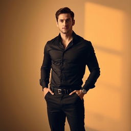 A male figure standing confidently, with both hands placed beside his body in a relaxed manner