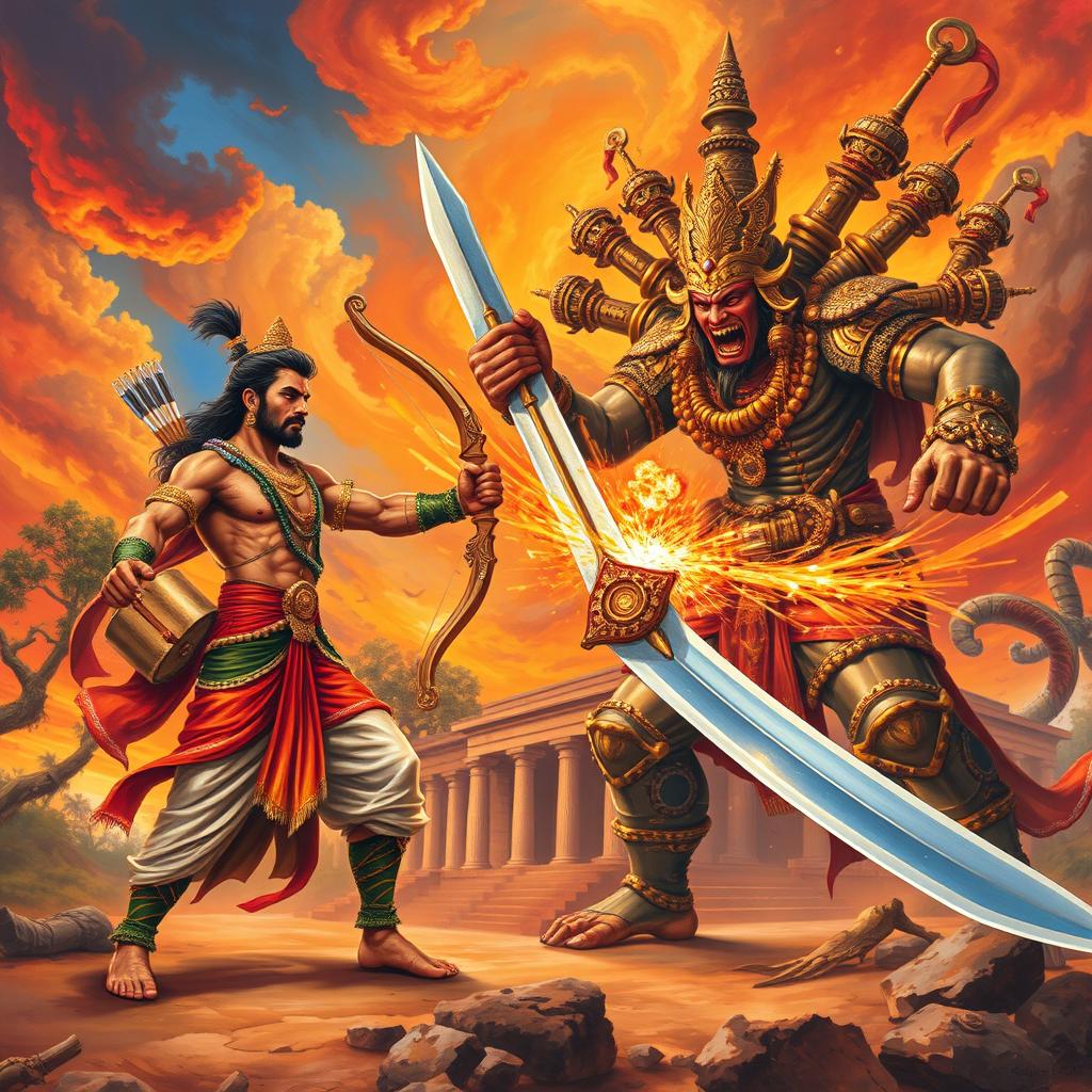 A dramatic depiction of the epic battle between Rama and Ravana, set in a mythical ancient India