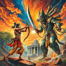 A dramatic depiction of the epic battle between Rama and Ravana, set in a mythical ancient India