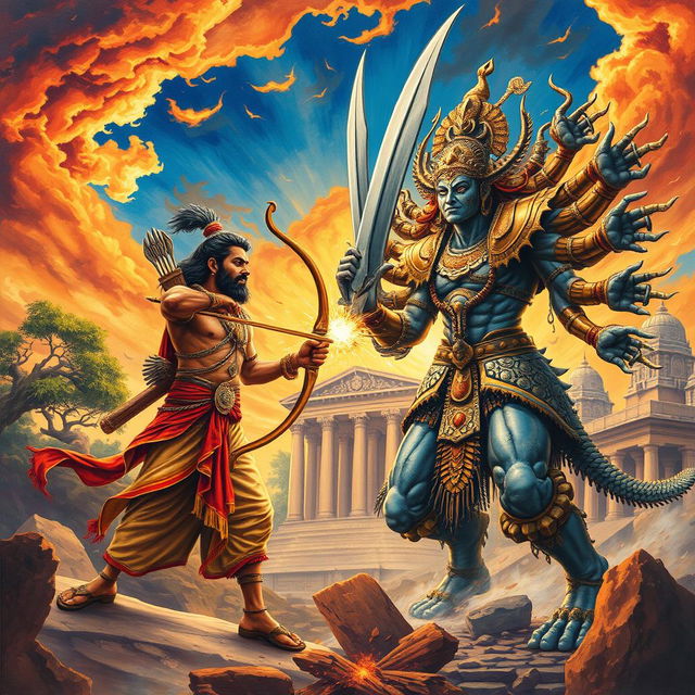 A dramatic depiction of the epic battle between Rama and Ravana, set in a mythical ancient India