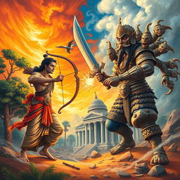 A dramatic depiction of the epic battle between Rama and Ravana, set in a mythical ancient India