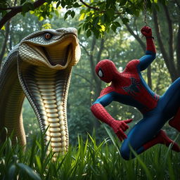 A dramatic scene showcasing a massive cobra rising menacingly from the grass, its scales glistening with iridescence as it prepares to strike
