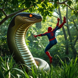 A dramatic scene showcasing a massive cobra rising menacingly from the grass, its scales glistening with iridescence as it prepares to strike