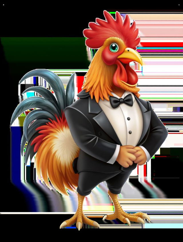 A cartoon chicken standing confidently in a tuxedo with its hands placed beside its body