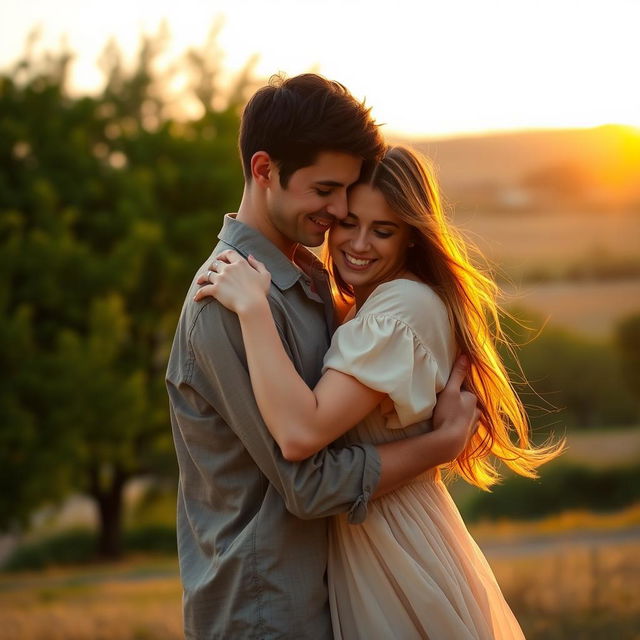 Create a warm and emotional scene of a male and female embracing in a heartfelt hug