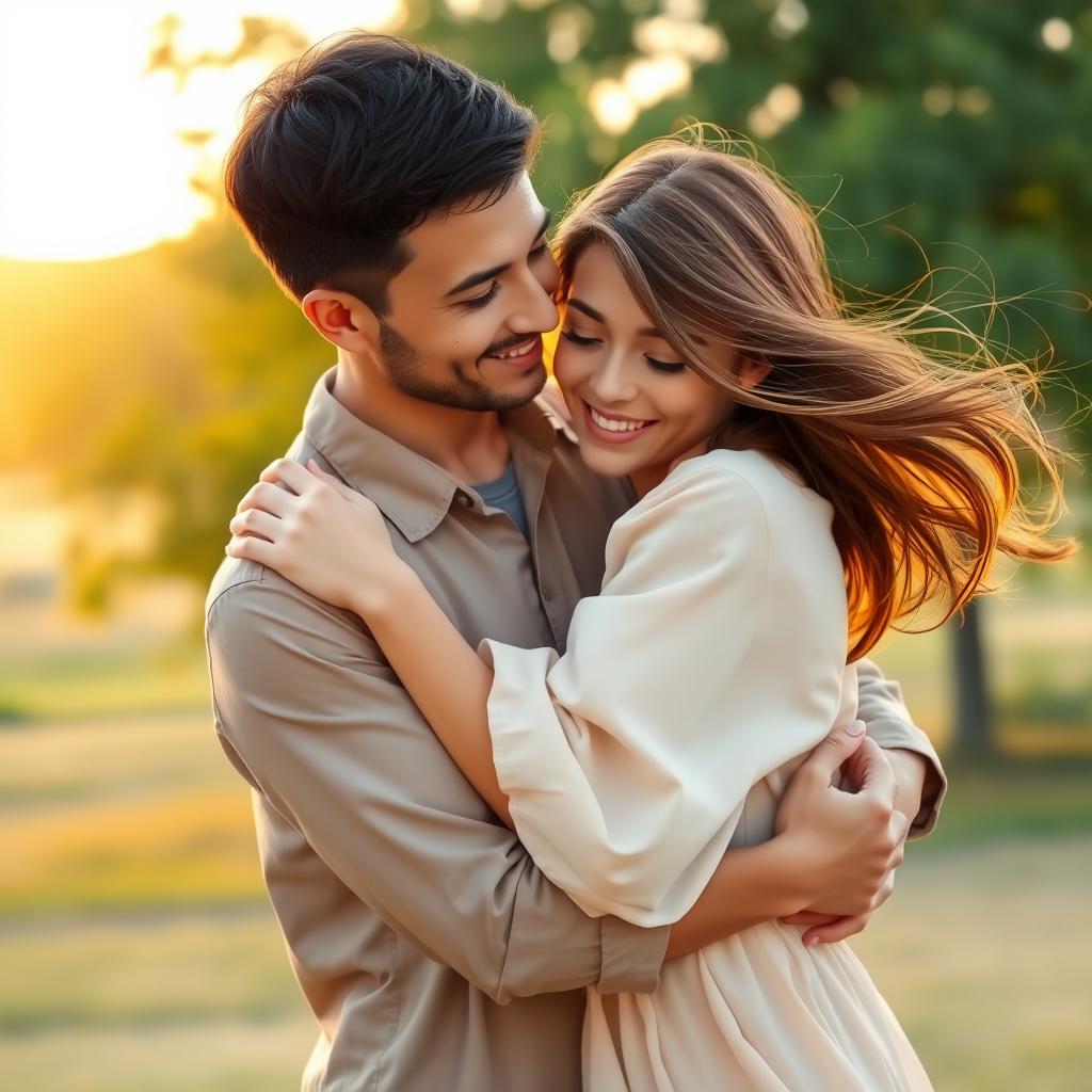 Create a warm and emotional scene of a male and female embracing in a heartfelt hug