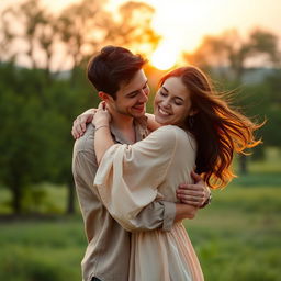 Create a warm and emotional scene of a male and female embracing in a heartfelt hug