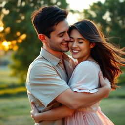 Create a warm and emotional scene of a male and female embracing in a heartfelt hug