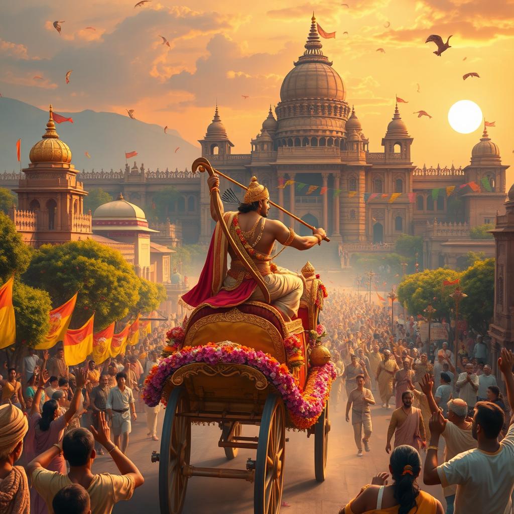 A majestic and grand depiction of Rama's return to Ayodhya, showcasing the city's ancient architecture and vibrant atmosphere