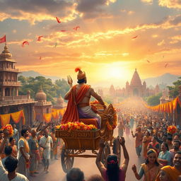 A majestic and grand depiction of Rama's return to Ayodhya, showcasing the city's ancient architecture and vibrant atmosphere