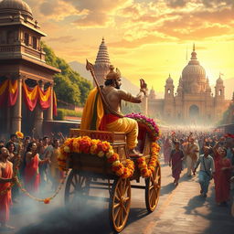 A majestic and grand depiction of Rama's return to Ayodhya, showcasing the city's ancient architecture and vibrant atmosphere