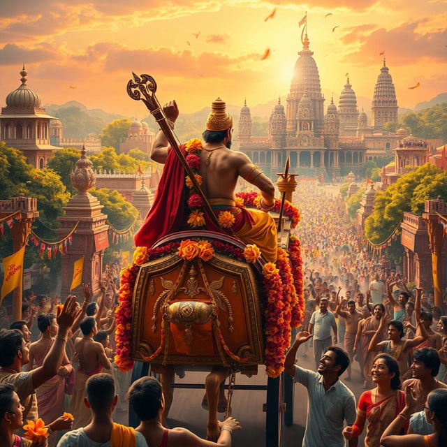 A majestic and grand depiction of Rama's return to Ayodhya, showcasing the city's ancient architecture and vibrant atmosphere