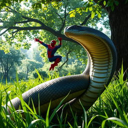 A thrilling scene showcasing a massive cobra rising out of lush green grass, its scales shimmering in the light as it prepares to confront a formidable foe