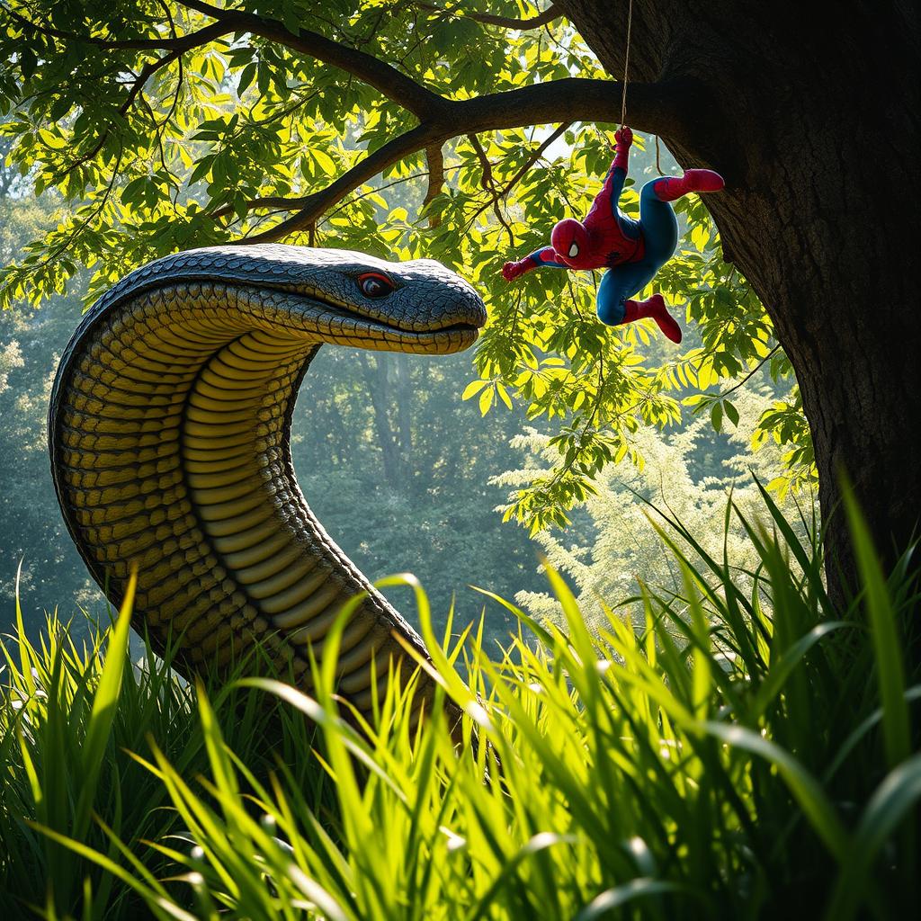 A thrilling scene showcasing a massive cobra rising out of lush green grass, its scales shimmering in the light as it prepares to confront a formidable foe