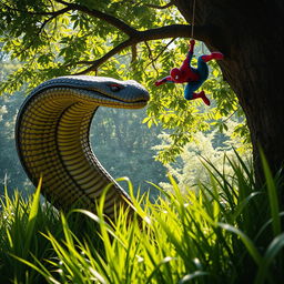 A thrilling scene showcasing a massive cobra rising out of lush green grass, its scales shimmering in the light as it prepares to confront a formidable foe