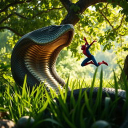 A thrilling scene showcasing a massive cobra rising out of lush green grass, its scales shimmering in the light as it prepares to confront a formidable foe