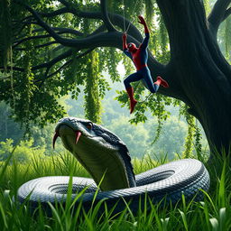 An epic scene capturing a massive cobra rising majestically from the grass, its scales reflecting light as it prepares for an encounter