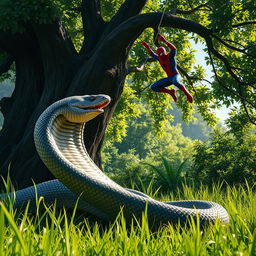 An epic scene capturing a massive cobra rising majestically from the grass, its scales reflecting light as it prepares for an encounter