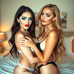 Two beautiful girls playfully fondling each other in a cozy bedroom