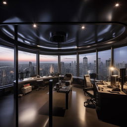 A glass penthouse office designed like a SWAT commander's workspace, taking influence from the architectural style shown in the provided link.