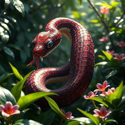 A visually striking hybrid snake featuring Spider-Man's iconic red and blue webbed patterns gracefully slithering through a dense jungle