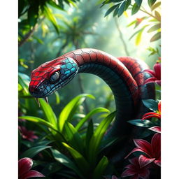 A visually striking hybrid snake featuring Spider-Man's iconic red and blue webbed patterns gracefully slithering through a dense jungle