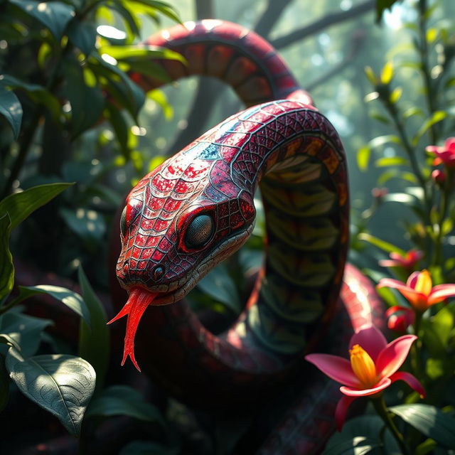 A visually striking hybrid snake featuring Spider-Man's iconic red and blue webbed patterns gracefully slithering through a dense jungle