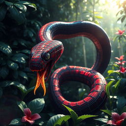 A visually striking hybrid snake featuring Spider-Man's iconic red and blue webbed patterns gracefully slithering through a dense jungle