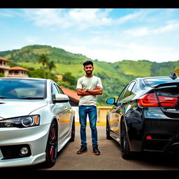 A dynamic scene featuring a modified Mitsubishi Evo X and a modified BMW M5 parked closely together, showcasing their sleek designs and aggressive modifications