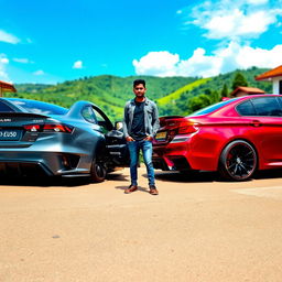 A dynamic scene featuring a modified Mitsubishi Evo X and a modified BMW M5 parked closely together, showcasing their sleek designs and aggressive modifications